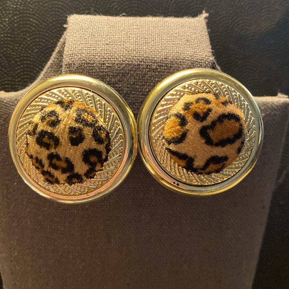 Vintage Acrylic Button Faux Animal Pattern  & Gold tone clip-on Earrings